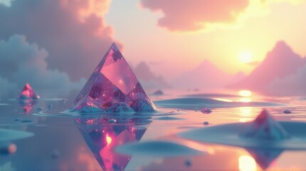 Surreal glowing crystal pyramid resting on reflective water during sunset, surrounded by soft clouds and warm ambient light, blending fantasy and serenity.
