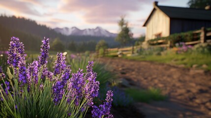 Serene Lavender Field with Rustic Barn and Majestic Mountains at Sunset in a Tranquil Landscape
