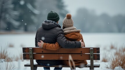  A couple dressed in warm winter clothes sits on a wooden bench, embracing under falling snow in a tranquil park, surrounded by serene nature and soft winter ambiance.