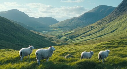 Naklejka premium Aerial Drone View of a Lush Green Mountainous Area with Grazing Sheep.