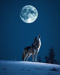 Naklejka premium A lone wolf stands on a snowy hill, howling at the full moon against a deep blue night sky, symbolizing wilderness, freedom, and the beauty of nature in winter 
