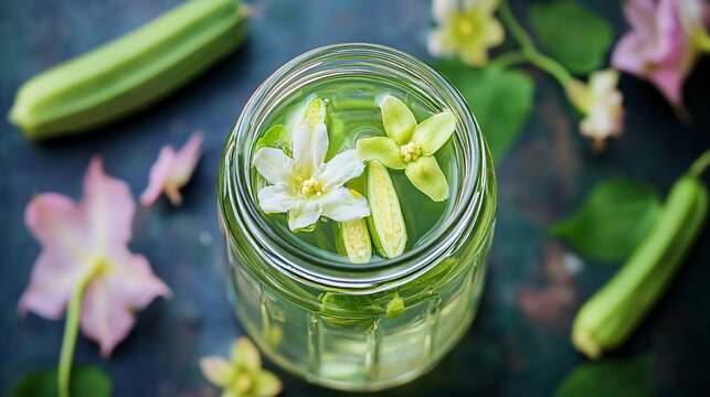 Sliced pointed gourd and flowers are being infused into a refreshing detox water