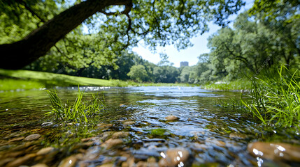 Fototapeta premium Calm river flowing through lush green park