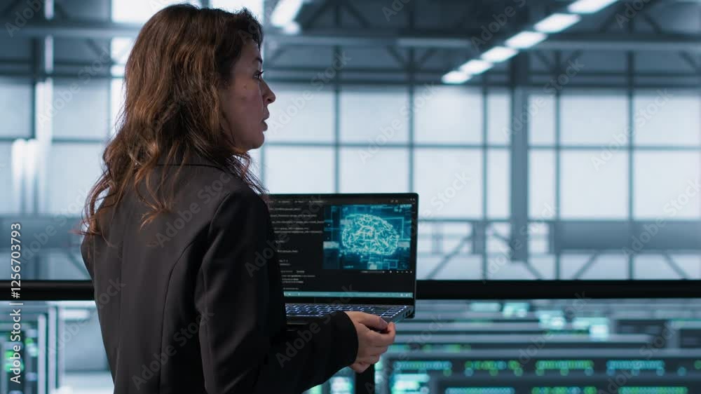 Poster ai technology used by data center software developers reviewing equipment diagnostics. programmers c