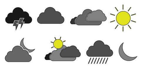Weather flat icons set. Parts of the Day Morning, Afternoon, Noon, Evening ,Night Icons. Sunset and Night Icons, Simple glyph silhouette signs for web.