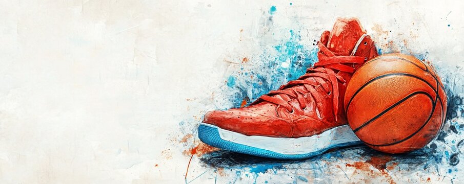 Modern artistic grunge effect background featuring a basketball shoe and ball