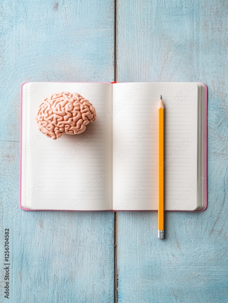 Leinwandbilder notebook with pencil and brain model on a wooden desk ideal for creative thinking. generative ai