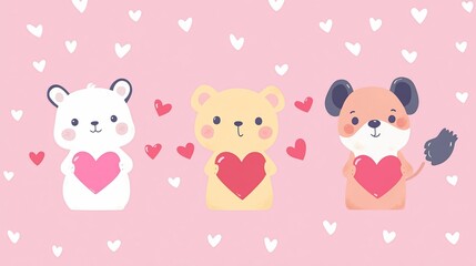 Three adorable animals holding heart shapes on a cute pink background pattern
