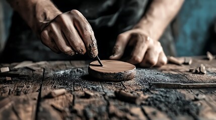 Craftsman meticulously carving a wooden disc on a rustic workbench with shavings scattered around