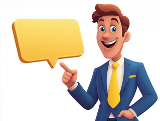 3D Businessman Illustration with Yellow Rectangular Speech Bubble Modern Cartoon Character for Communication and Presentation Concepts