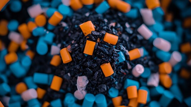 Vibrant close-up of colorful plastic granules in a pile, showcasing material diversity and texture