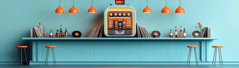 Obraz premium Room with blue wall and counter featuring a vintage jukebox-style vending machine glowing in the corner