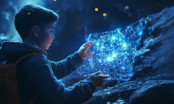 Boy Exploring a Digital Map in a Mysterious and Enchanting Setting with ai generated