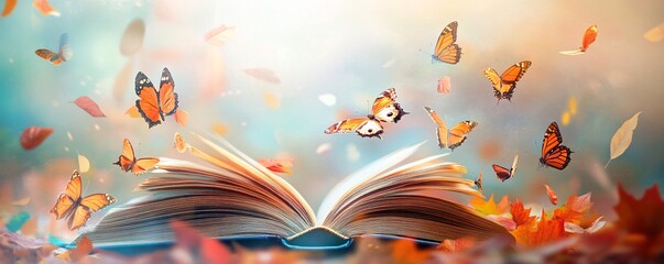 Colorful monarch butterflies flying out of an open book amidst autumn foliage
