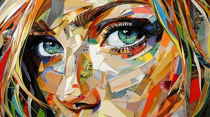 Fototapeta premium Close-up of a vibrant mixed media portrait showcasing a woman's expressive eyes and colorful features