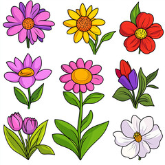 Set of Cartoon Style Flower Illustrations with Colorful Floral Designs and Leaves for Decorative and Botanical Art