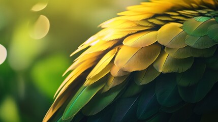 Fototapeta premium Golden parrot feathers, close-up, nature background, wildlife texture