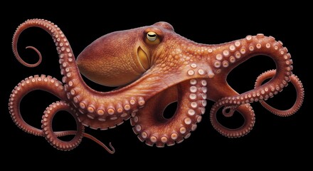Beautiful brown octopus displays its tentacles against a black background