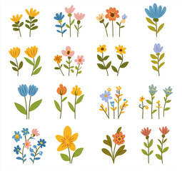 Set of Minimalist Wildflower Illustrations with Colorful Floral Elements and Leaves for Botanical Art and Natural Decor