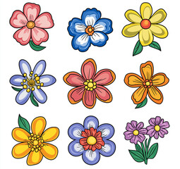 Collection of Cartoon Style Flower Illustrations with Colorful Floral Designs for Decorative and Botanical Art