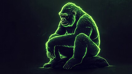 Green glowing gorilla sitting, dark jungle background, wildlife art