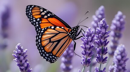 Fototapeta premium Vibrant monarch butterfly resting on lavender flowers, showcasing intricate wing details and delicate nature, representing beauty, pollination, and harmony in a natural environment 