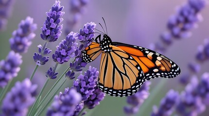 Obraz premium Close-up of a monarch butterfly perched on blooming lavender flowers, displaying intricate patterns and vibrant colors, symbolizing transformation, nature, and biodiversity 