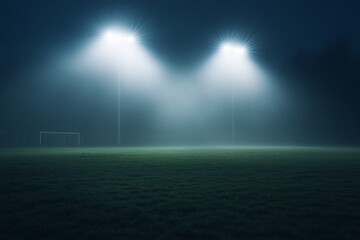 Foggy night football field with two bright stadium lights illuminating the empty grass pitch and goal.
