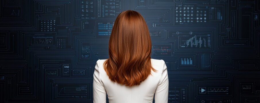 Woman with long red hair presenting digital marketing insights in front of a circuit background