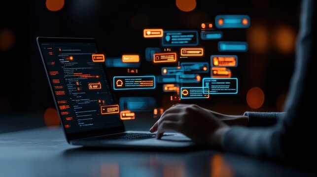 Person using laptop with code and glowing ai chatbot analyzing social media interactions