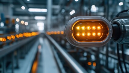 Naklejka premium Industrial Automation: Close-up of an Orange LED Light on a Robotic Arm in a Modern Factory Setting