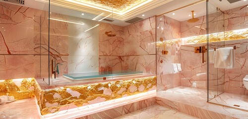Obraz premium colorful marble interior background with bath tub and bathrooms luxurious design in the colorful texture of the wall view fully bright background 