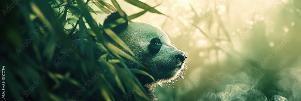 Poster panda resting quietly among lush bamboo in a serene forest during daylight hours. generative ai