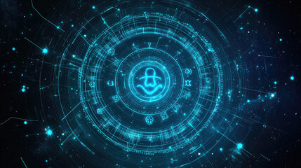 Abstract Futuristic Cosmic Mandala Design with Glowing Celestial Symbols and Network Lines