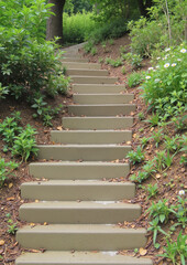 Inviting garden steps leading upwards through lush greenery, ascent