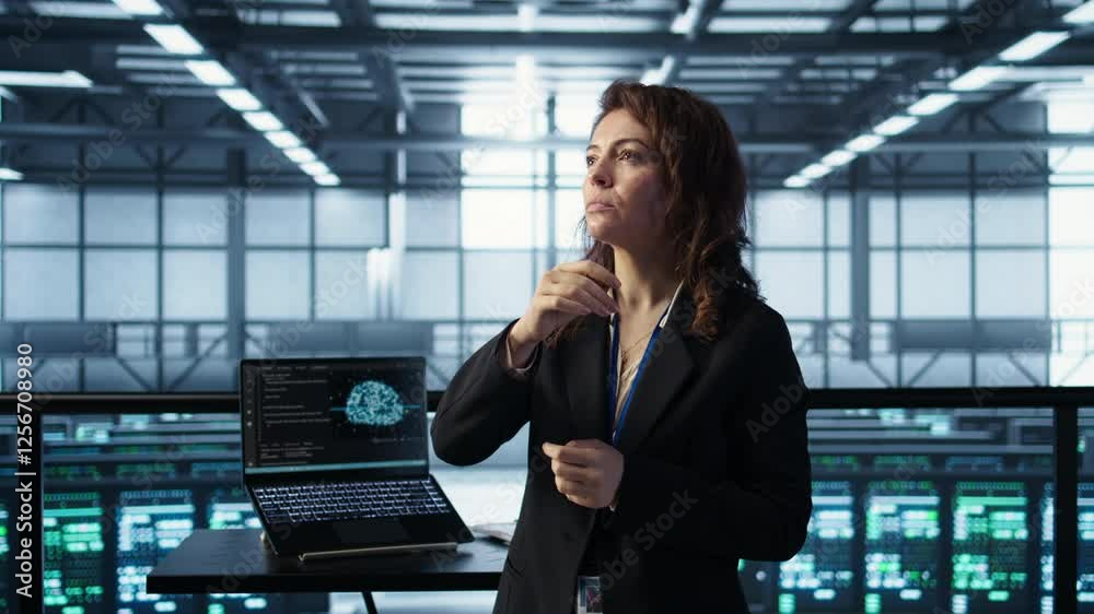 Poster technicians in high tech ai data center workspace looking at hologram visualization. programmer work