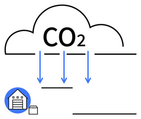 Cloud labeled CO2 with arrows pointing to warehouse and storage box, illustrating carbon capture. Ideal for climate change, emissions reduction, sustainability, storage, energy, environment, abstract