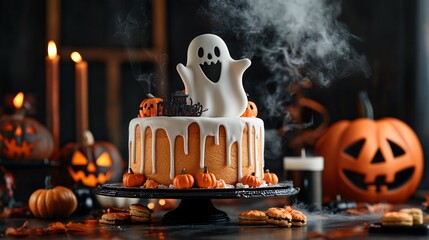 Spooky halloween drip cake featuring a fondant ghost, pumpkins, and smoke for a festive and eerie vibe