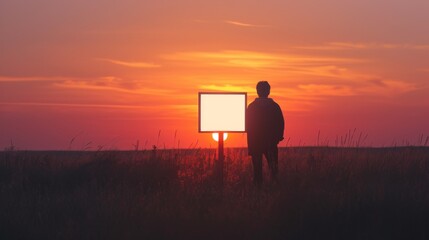 A solitary figure stands in a field at sunset holding a blank frame, surrounded by vibrant hues of orange and red. Perfect for concepts of creativity and introspection. AI generated.