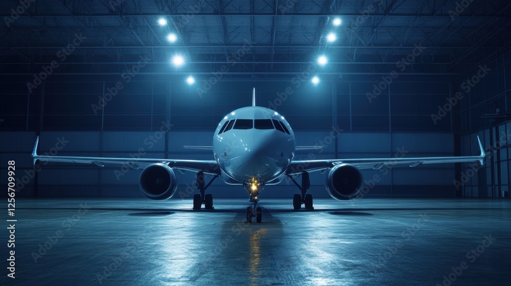 Aufkleber modern airplane parked inside spacious hangar ready for maintenance or flight preparation in a well 