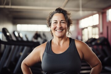 Fototapeta premium Smiling portrait of a middle aged slightly overweight woman in gym