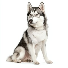 Fototapeta premium A beautiful Siberian Husky sitting gracefully with a clear focus, showcasing its captivating blue eyes and striking coat.