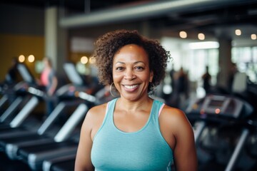Fototapeta premium Smiling portrait of a middle aged slightly overweight woman in gym