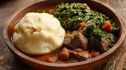 Traditional Kenyan ugali with sukuma wiki and meat stew. Featuring a hearty and flavorful dish. Highlighting the texture and flavors of the ugali. Ideal for food and cultural themes.