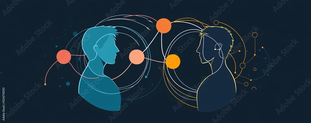 Poster two individuals exchanging information and communicating via a digital network