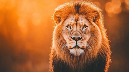 Fototapeta premium Regal lion portrait with glowing golden mane illuminated by sunset light, perfect for quote or text overlay. Generative AI