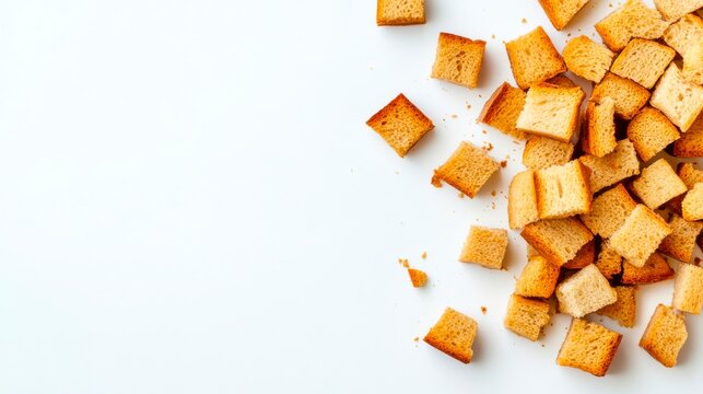 Crunchy croutons on white background enhance culinary presentations for food photography and recipe blogs.
