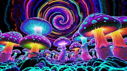Vibrant psychedelic mushrooms with glowing stems and caps grow in a field under a swirling rainbow sky, creating a surreal and otherworldly scene