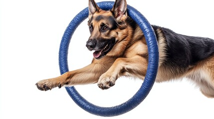 A German Shepherd jumping through a blue hoop, showcasing agility and athleticism against a white isolated background.