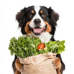 A happy dog holding a bag of fresh vegetables, showcasing a healthy lifestyle. Ideal for promoting pet wellness and nutrition.